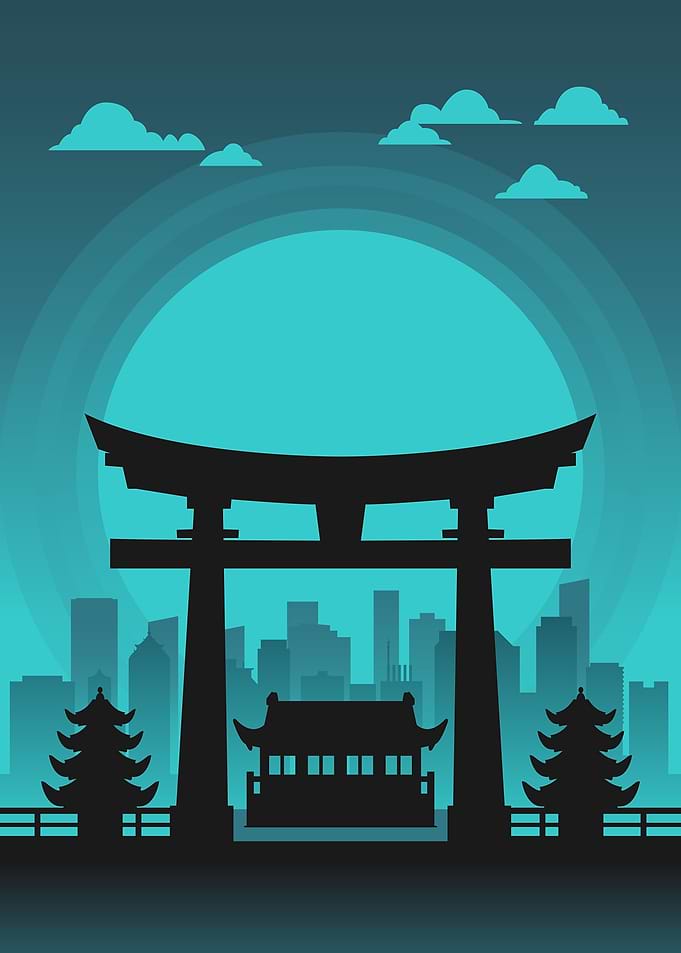 Green Japanese Cityscape Silhouette