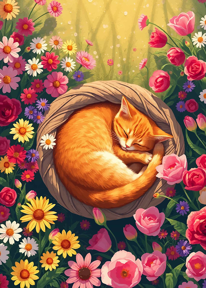 Sleeping Orange Cat in Flowers