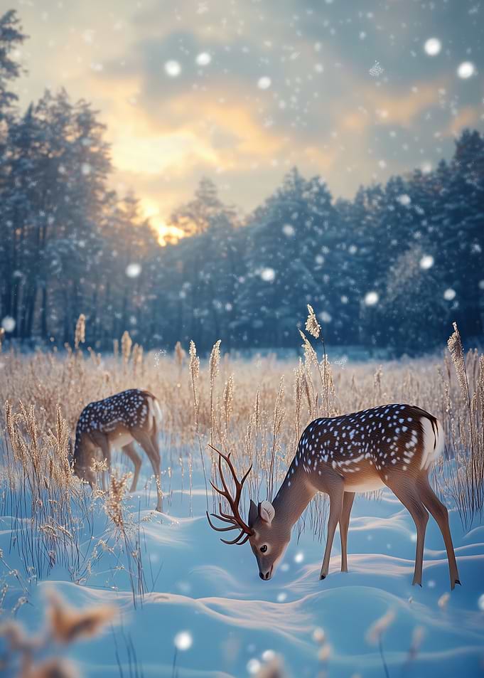 Winter Deer in Snowy Forest Christmas