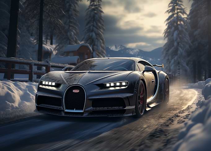 Bugatti in snowy landscape
