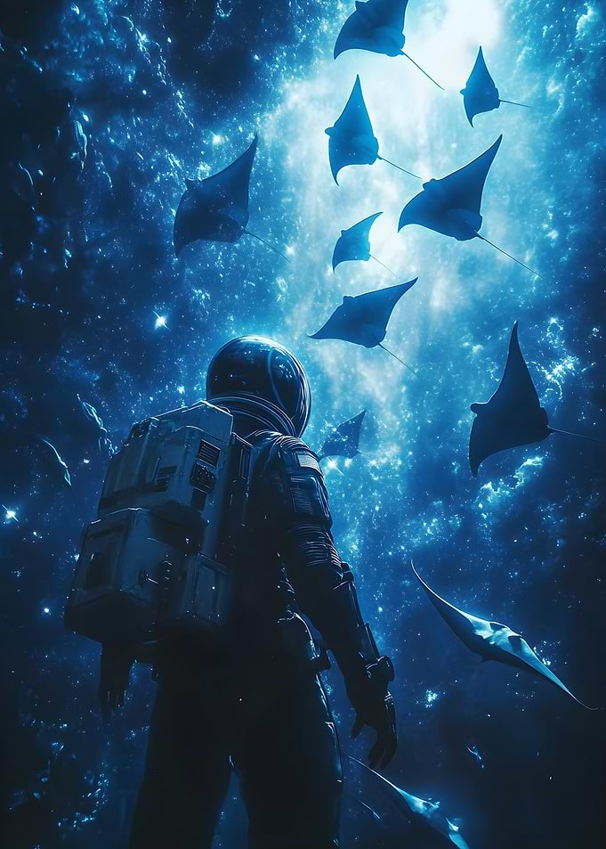 Alone in the darkness the astronaut floats as a sc Art