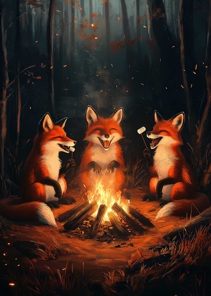 Laughing Foxes At Campfire