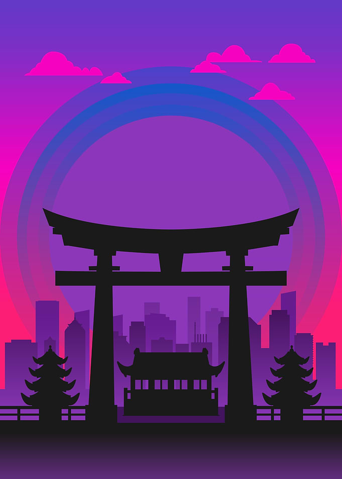 CyberPunk Japanese Cityscape Silhouette