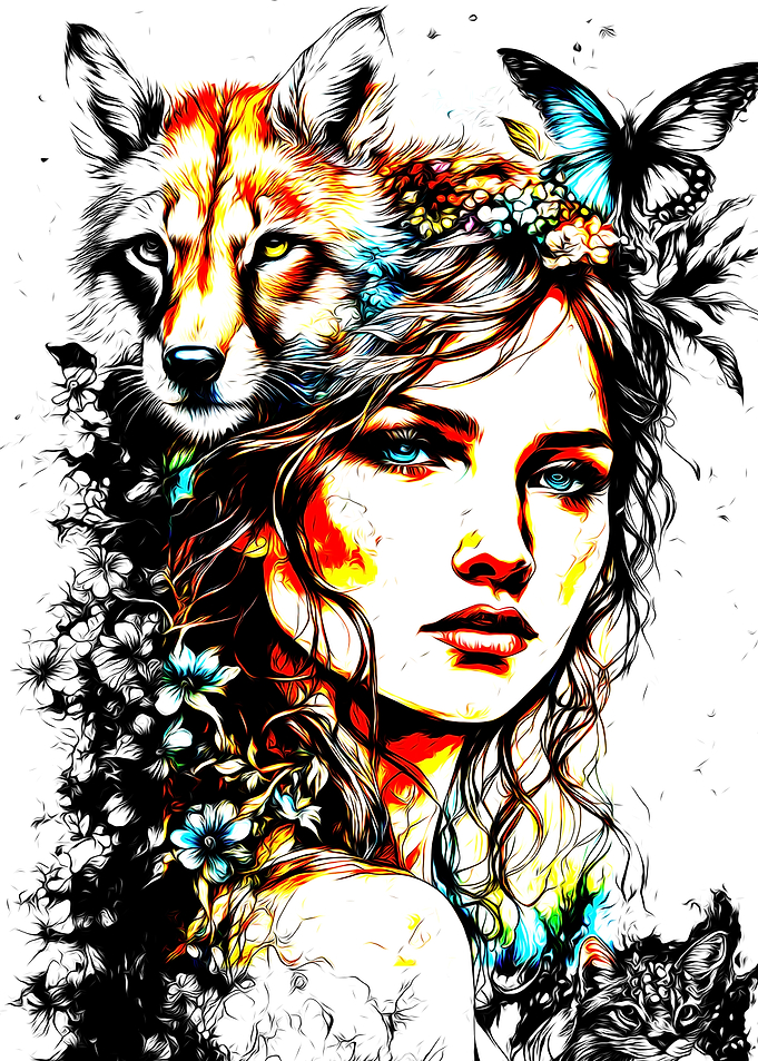Woman with Fox and Butterflies