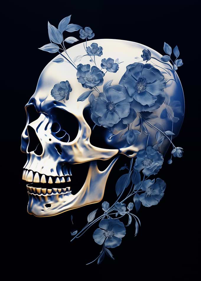 Skull with Blue Flowers