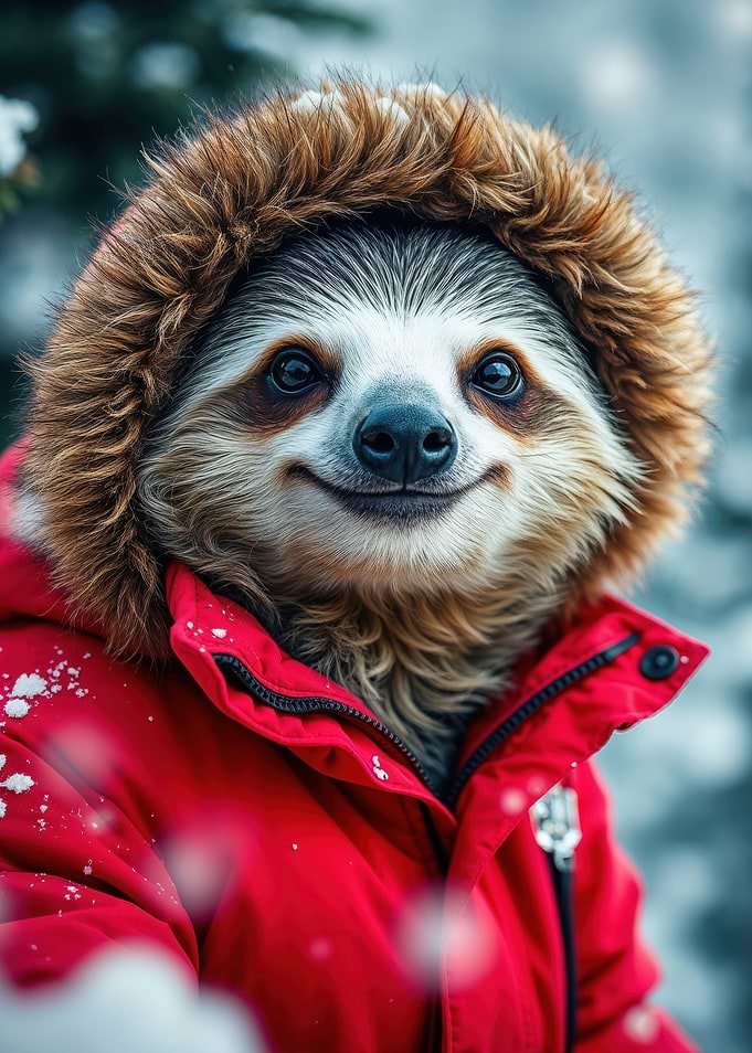 Hiking Sloth in red winter jacket - funny animal