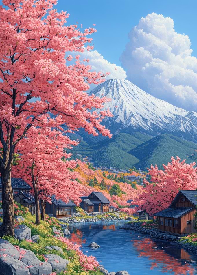 Serene Japanese Village with Cherry Blossoms and Mount Fuji
