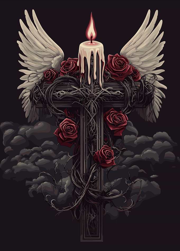 Gothic Cross with Roses and Wings