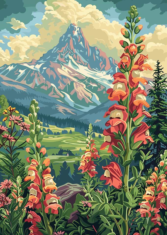 Mountain Landscape with Flowers