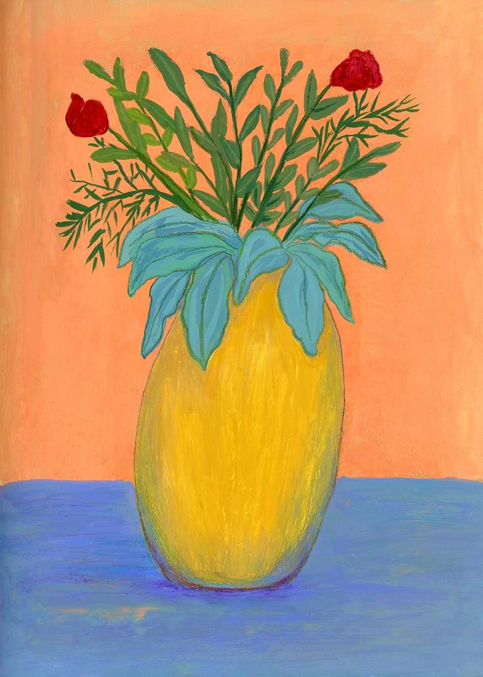 Still Life Painting of Yellow Vase with Red Flowers