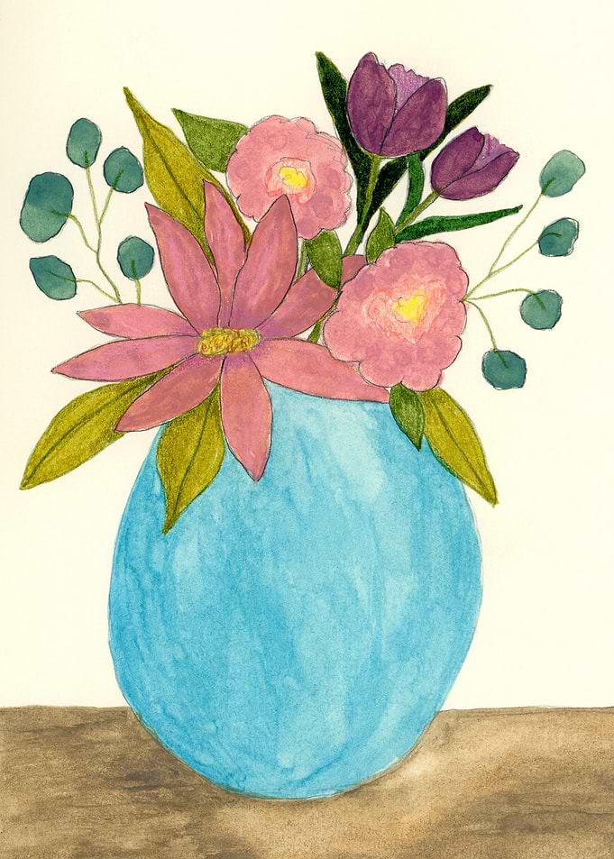 Watercolor Flower Bouquet in Blue Vase Still Life Art