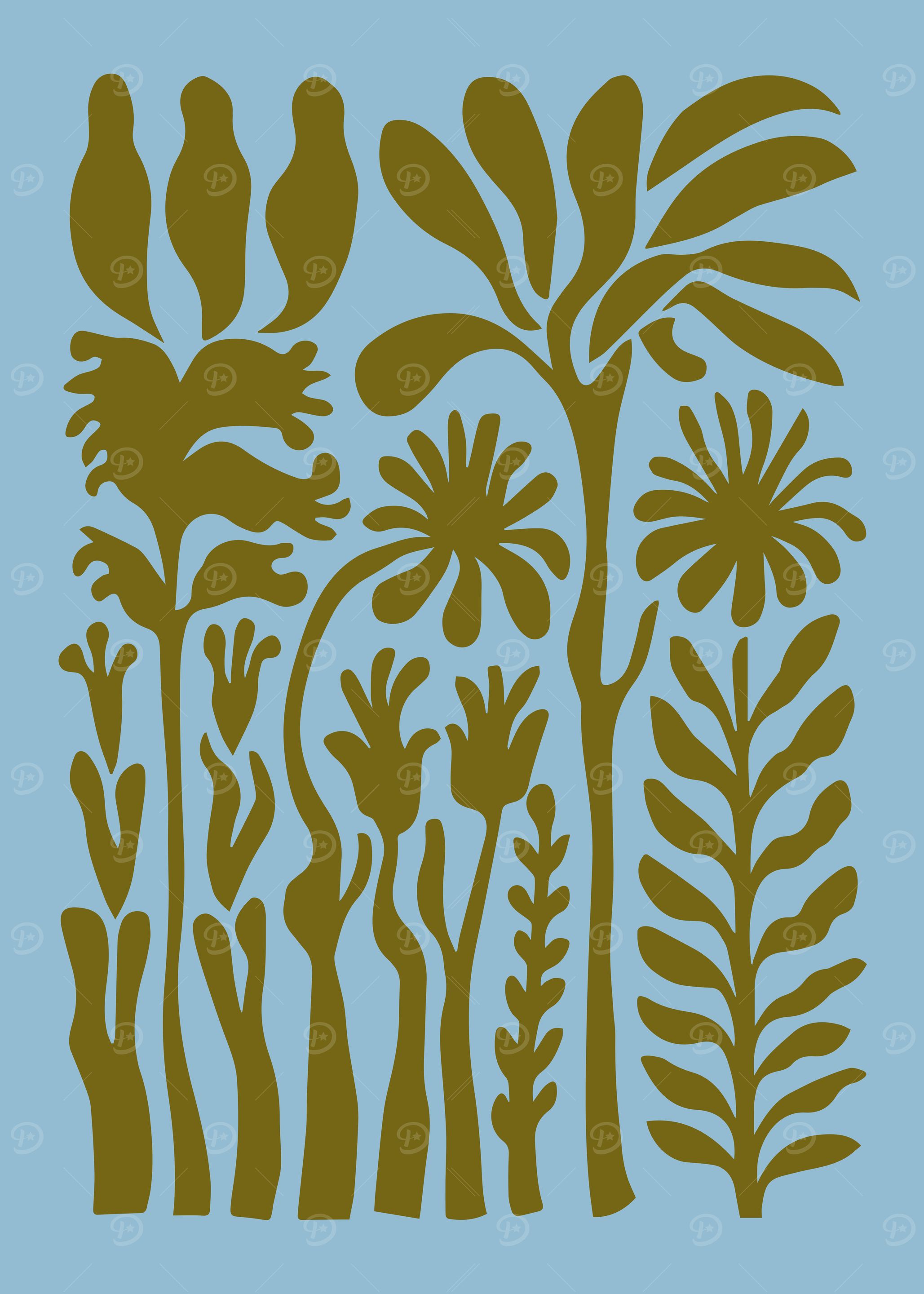 Abstract Floral Meadow Print in Light Blue and Green