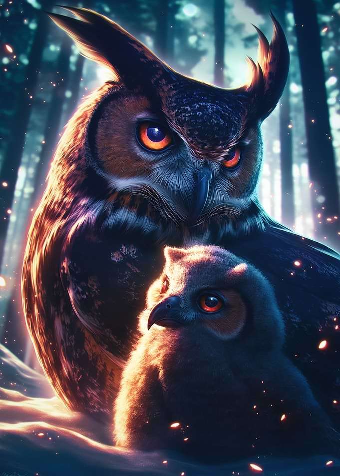 Owl Family in the Forest