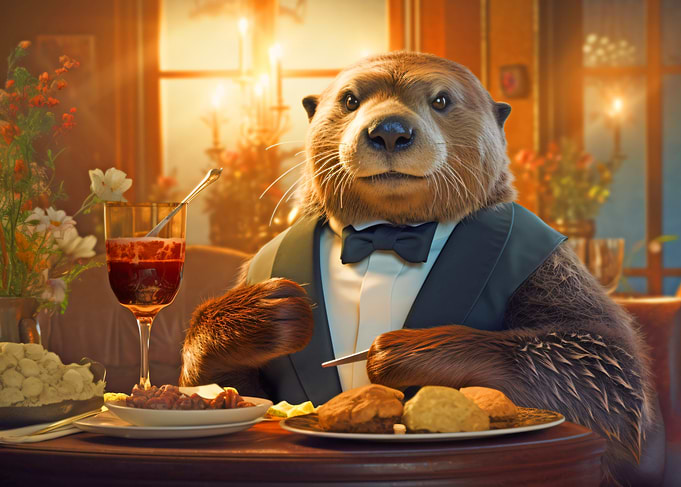 Otter in Tuxedo at Dinner