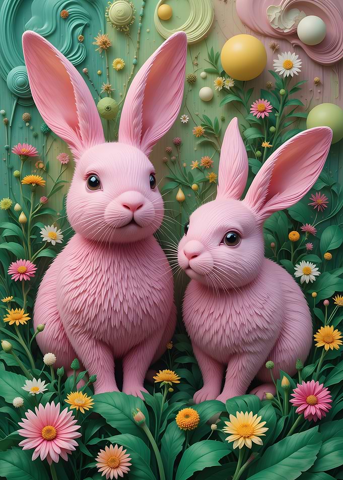 Happy Easter Pink Bunnies in a Garden