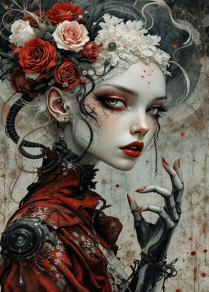 Fantasy Cyborg Woman Adorned with Roses and Mechanical Enhancements