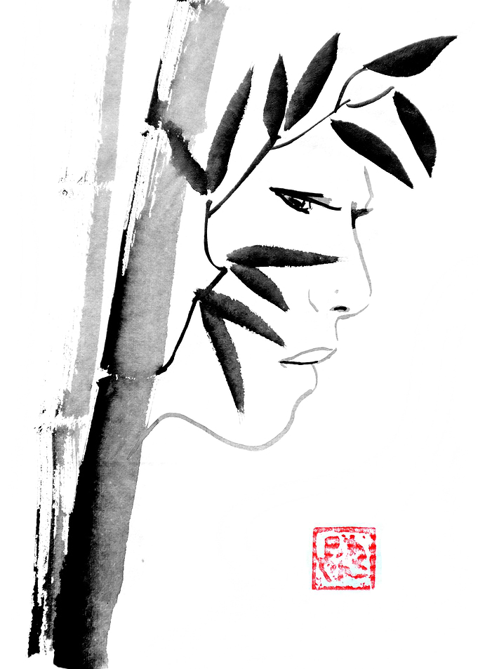 Ink Painting of Woman and Bamboo