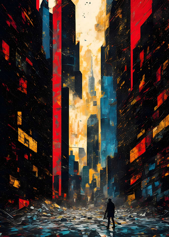 Lone Figure in a Post-Apocalyptic Cityscape
