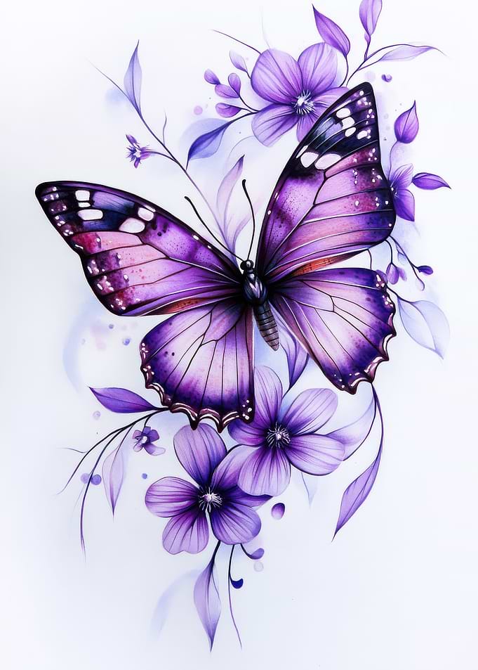 Purple Butterfly and Flowers