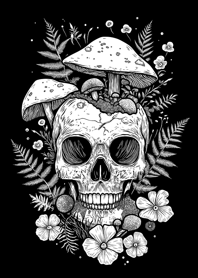 Skull with Mushrooms Black Background