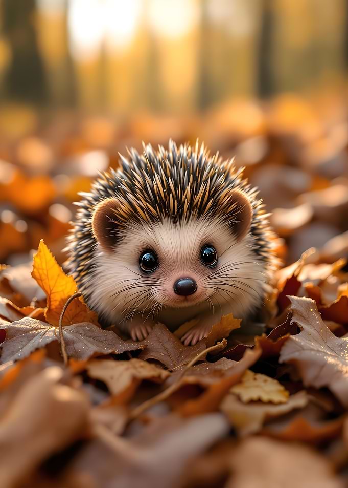 Cute Hedgehog in Autumn Leaves