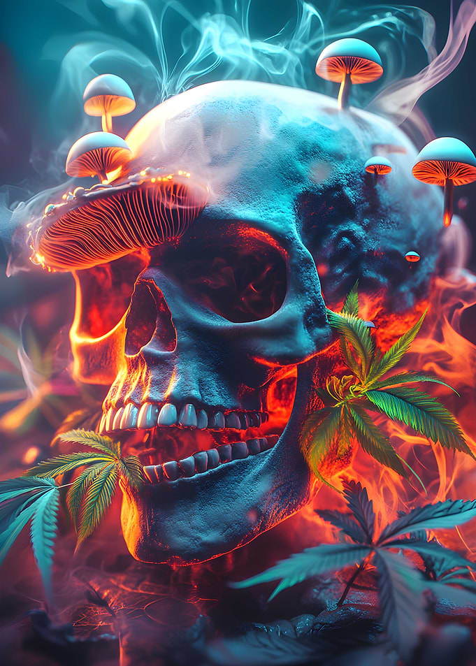 Skull with Mushroom and Weed Fusion