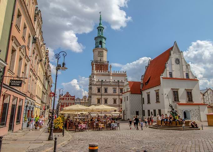 Town Square with Clock Tower.Poznań is a centre of trade, sport, education, technology and tourism
