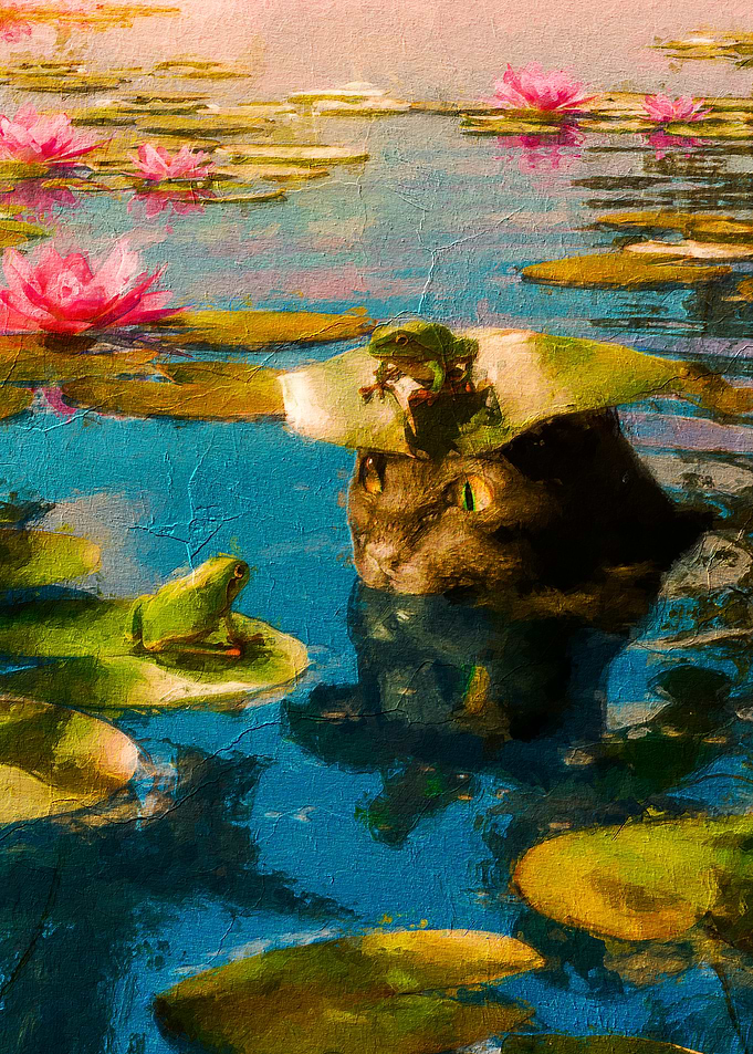 Cat and Frogs on Lily Pads