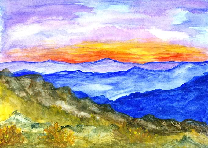 On a Clear Day, Mountain Sunset Watercolor