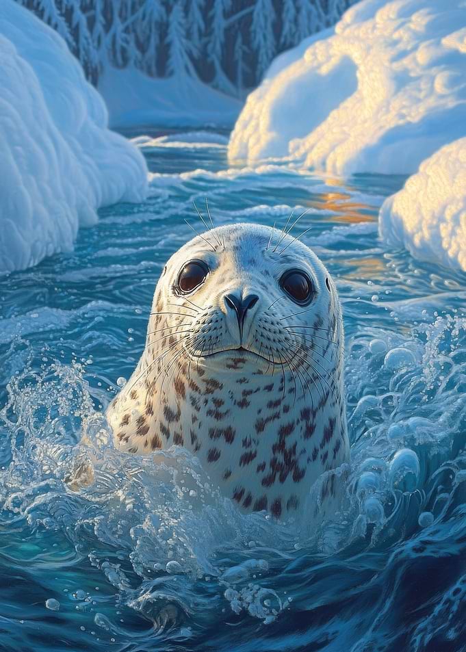 Playful Seal in Icy Arctic Waters - Stunning Wildlife Art