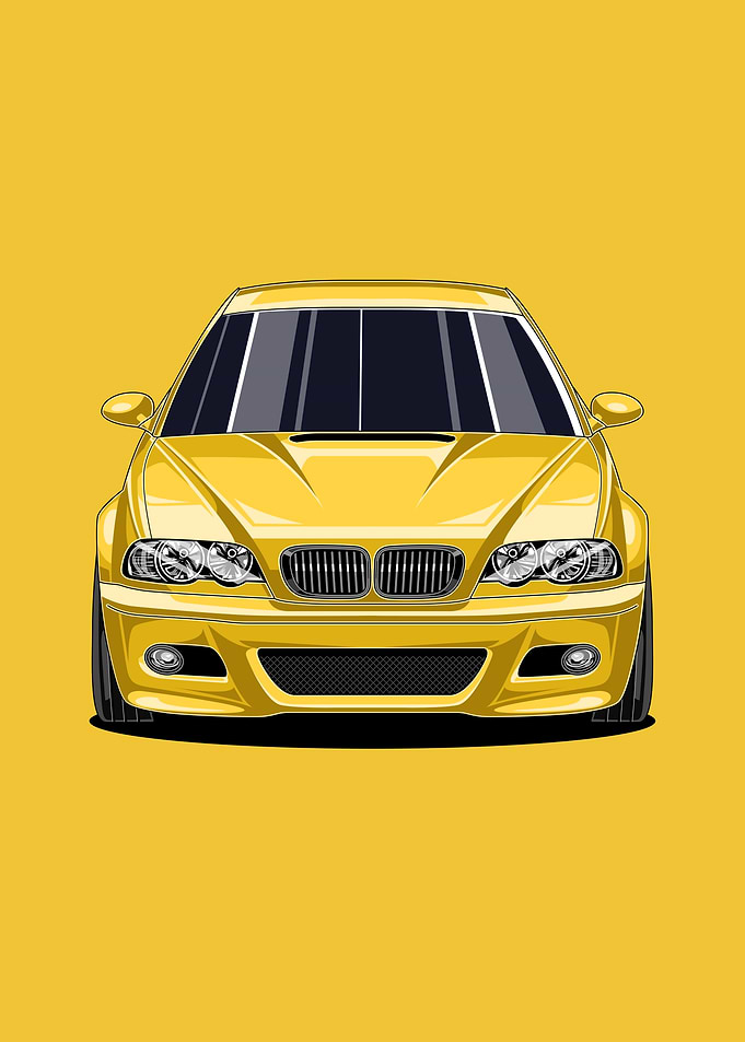 E46 – Classic Sports Car Illustration in Yellow | Retro Car Decor for Fans