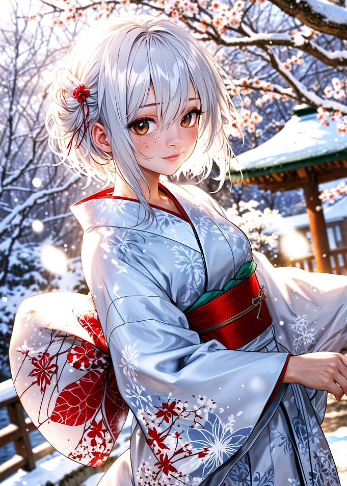 Elegant Winter Kimono in Serene Snowy Setting