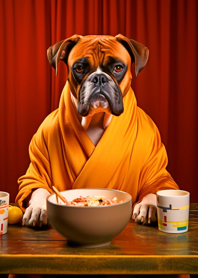 Boxer Dog in Robe Eating