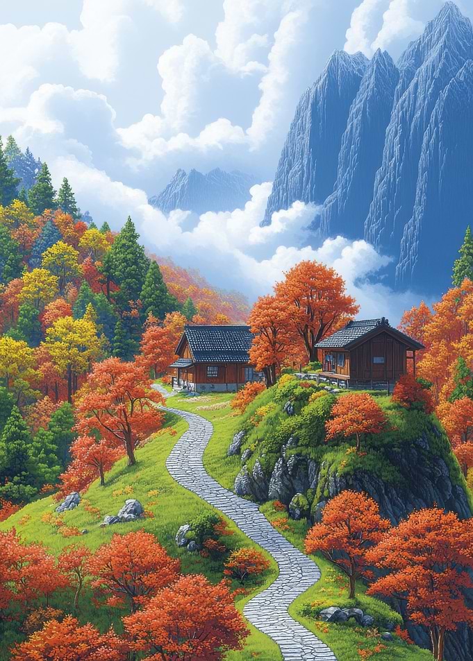 Mountain Retreat with Vibrant Autumn Foliage