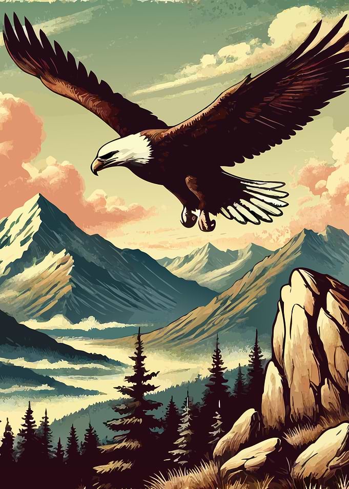 Bald Eagle Flying Over Mountains