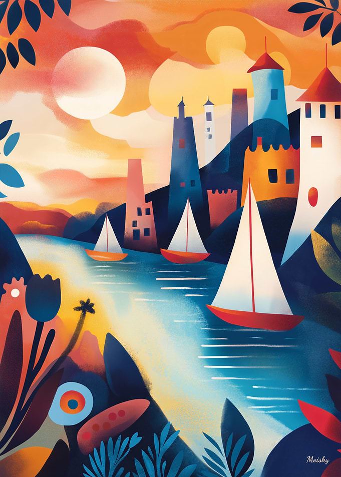 Dreamy Coastal Village and Sailboats at Sunset