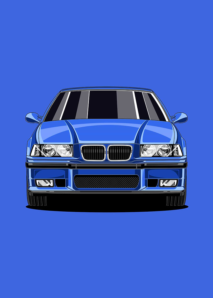 E36 – Classic Sports Car Illustration in Blue | Retro Car Decor for Fans