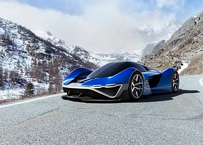 Blue Sports Car in Mountains