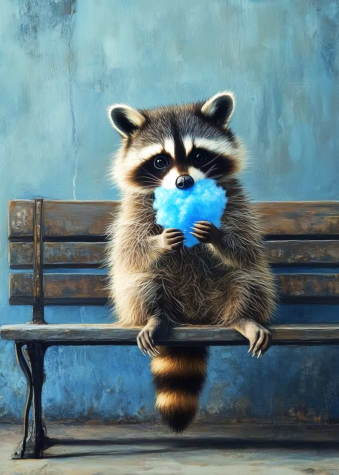 Raccoon Eating Blue Cotton Candy