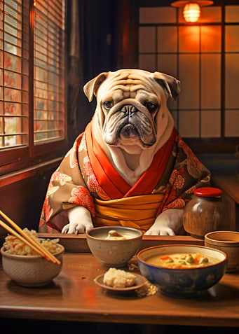 Bulldog in Kimono at Dinner