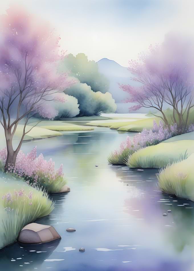 Watercolor River Landscape