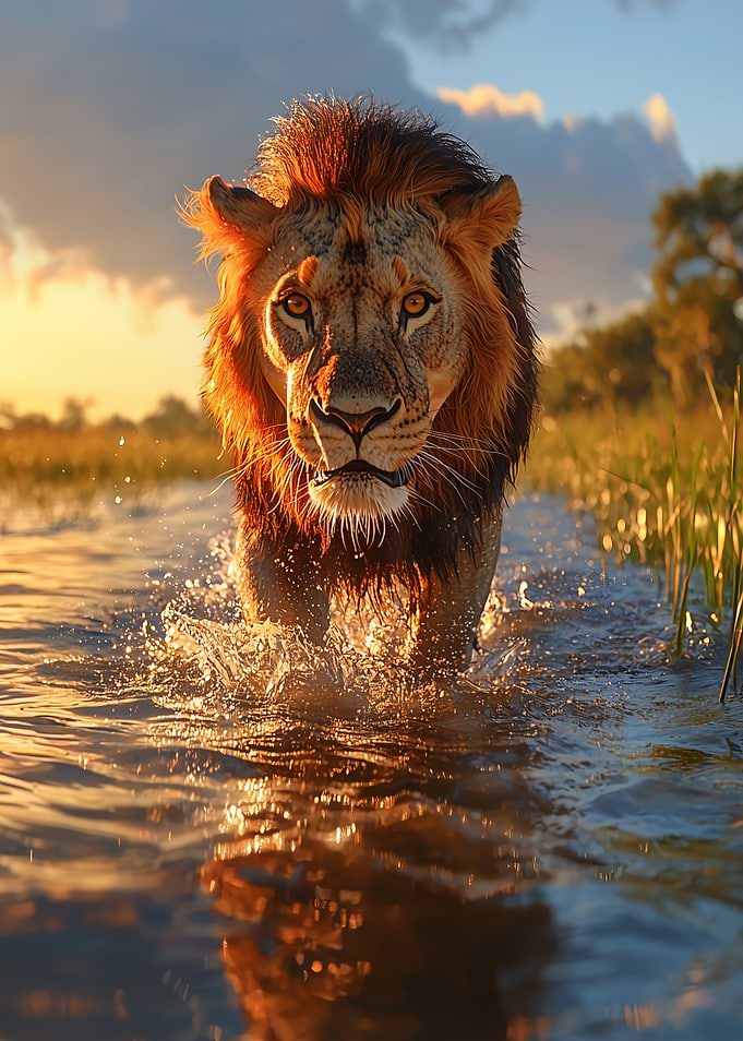 Lion Walking Through Water