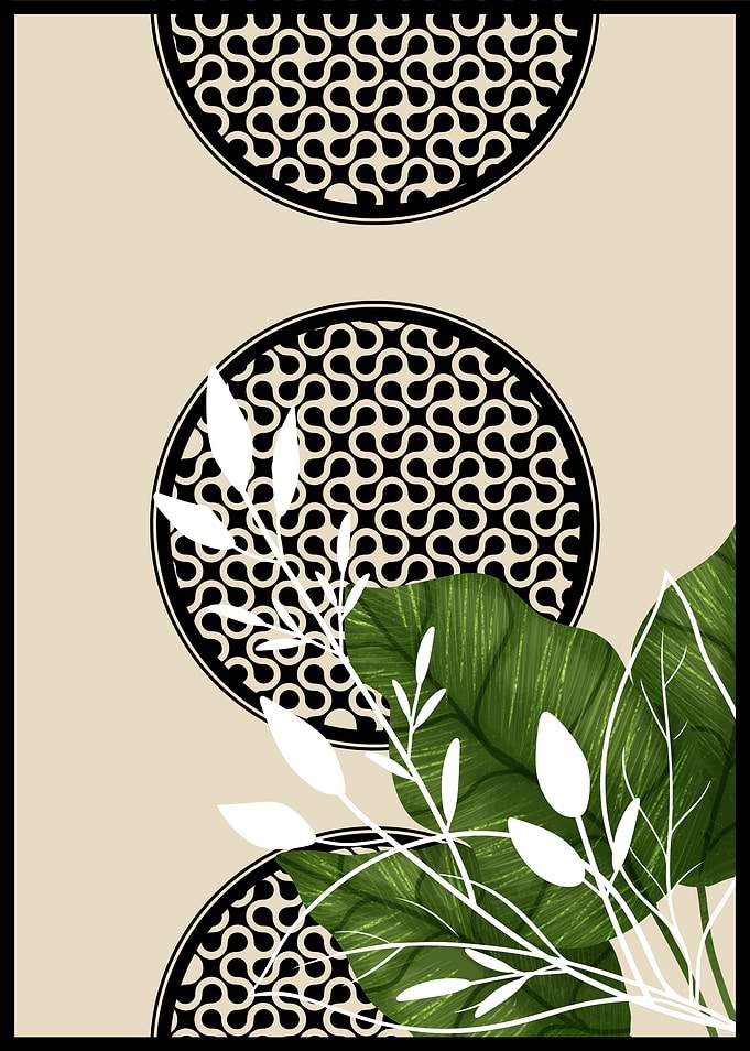 Black and White Geometric Pattern with Green Leaves