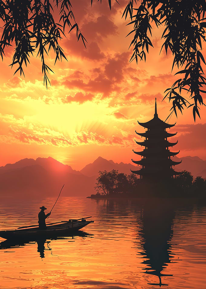 Sunset Pagoda and Fisherman