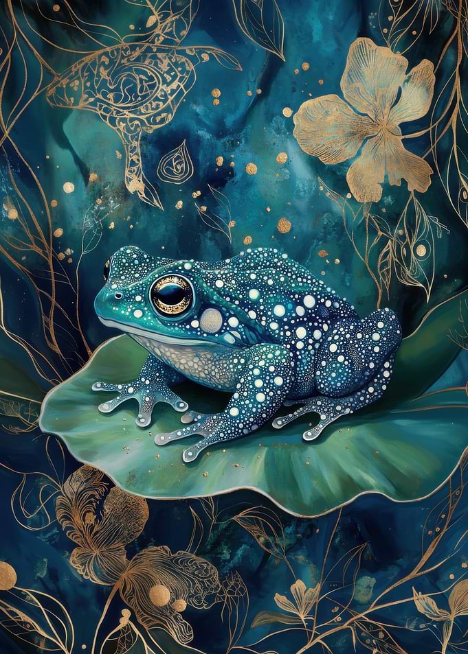 Enchanted Blue Frog on a Leaf - Mystical Nature Art