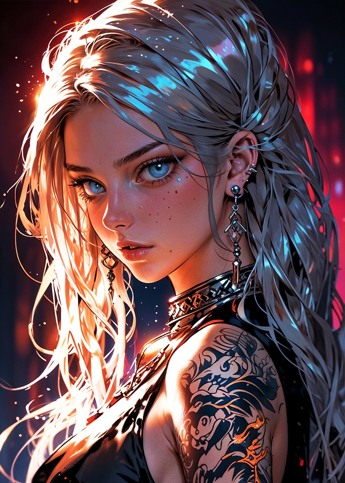 Cyberpunk Warrior with Fiery Tattoo