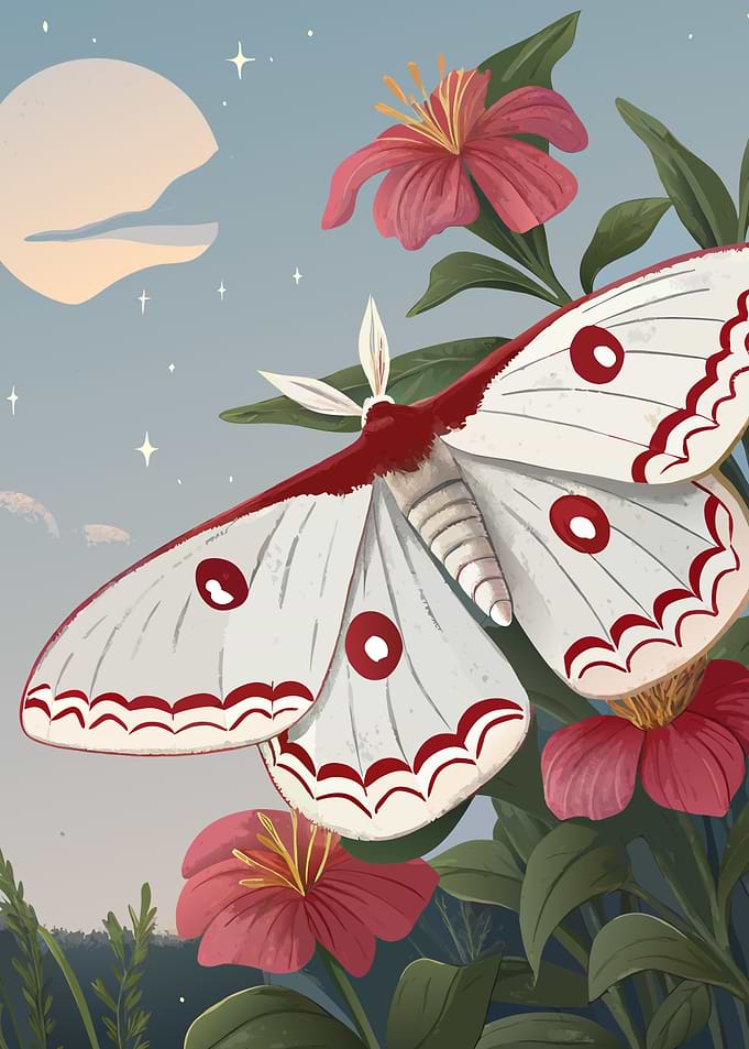 Moon Luna Moth and Flowers