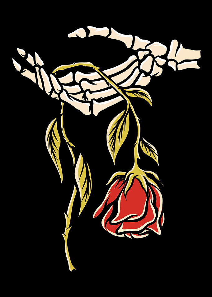 Vintage skeleton hand with a red rose Rocker Funny Halloween Skeleton Hand Rose
