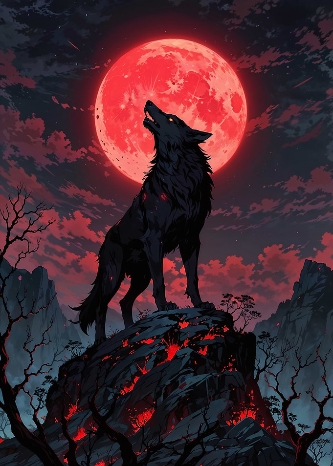 Black Wolf Howling at Red Moon