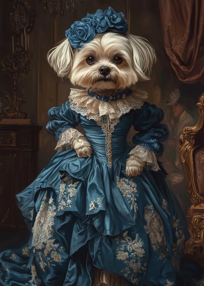 Elegant Maltese Dog in Blue Victorian Gown | Renaissance Maltese